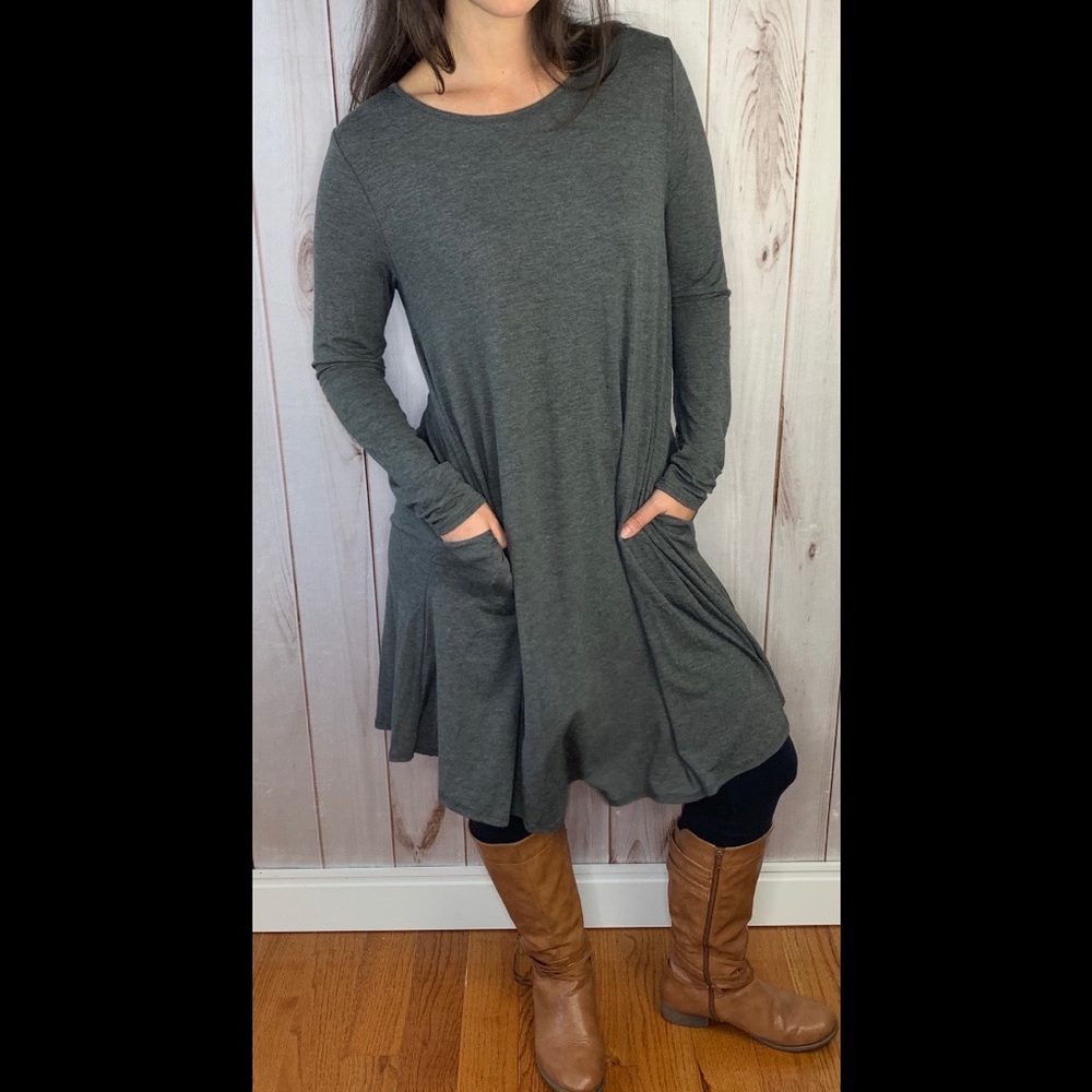The Serenity Dress- grey long sleeve w/elbow patch - Picture 5 of 8